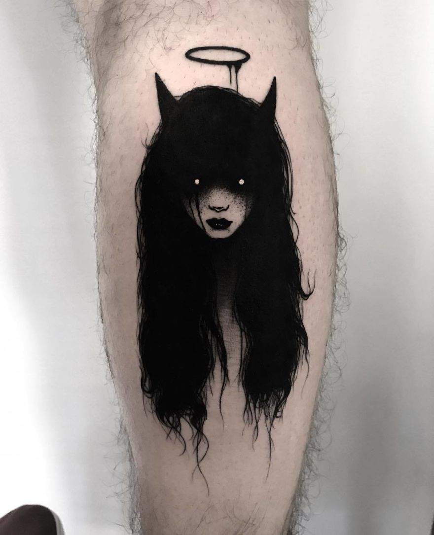Tattoo of a faceless girl with long black hair and a halo, placed on a leg.