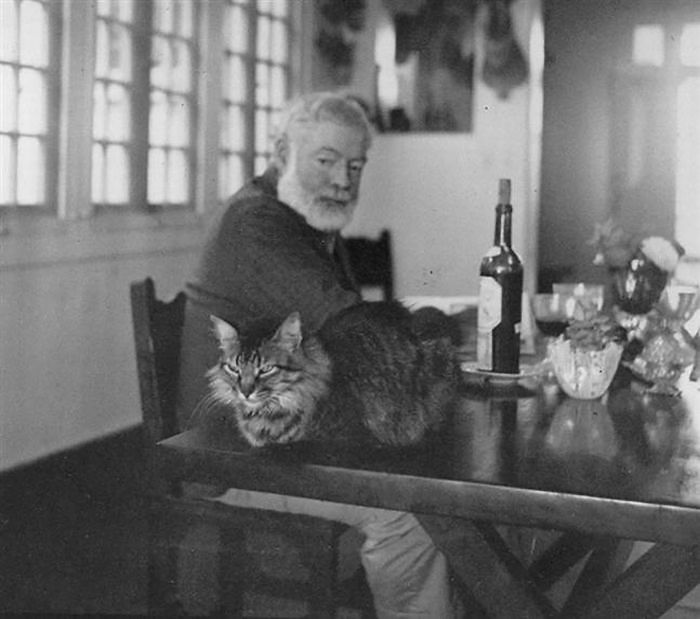 Black and white photo of a famous person sitting at a table with a cat, showcasing famous people and their cats.