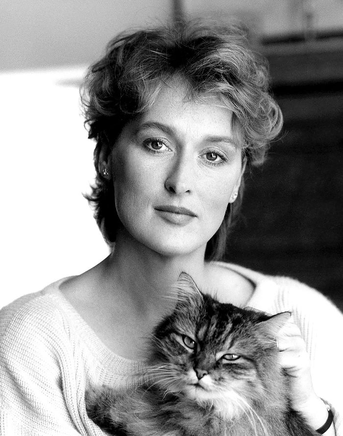 Black and white photo of a famous person gently holding a large fluffy cat showcasing famous people and their cats.