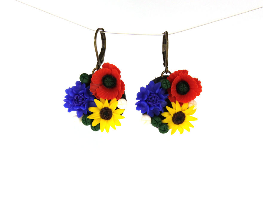 Earrings With Poppies, Cornflowers And Sunflowers