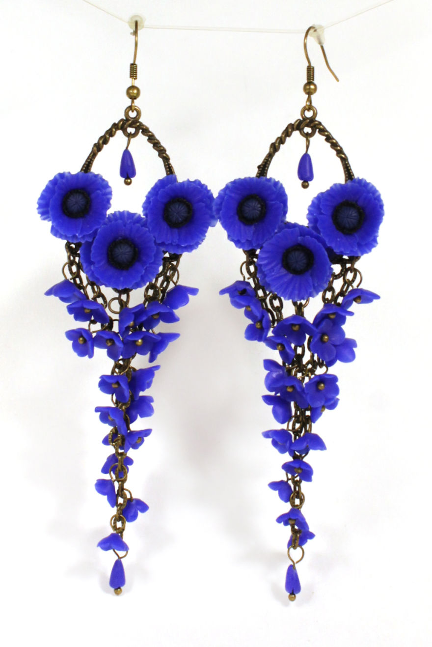 Long Earrings With Blue Poppies