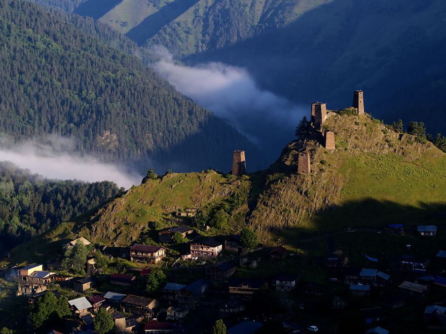 Ancient Defensive Towers Sprout From The Top Of The Village Of Omalo In Tusheti