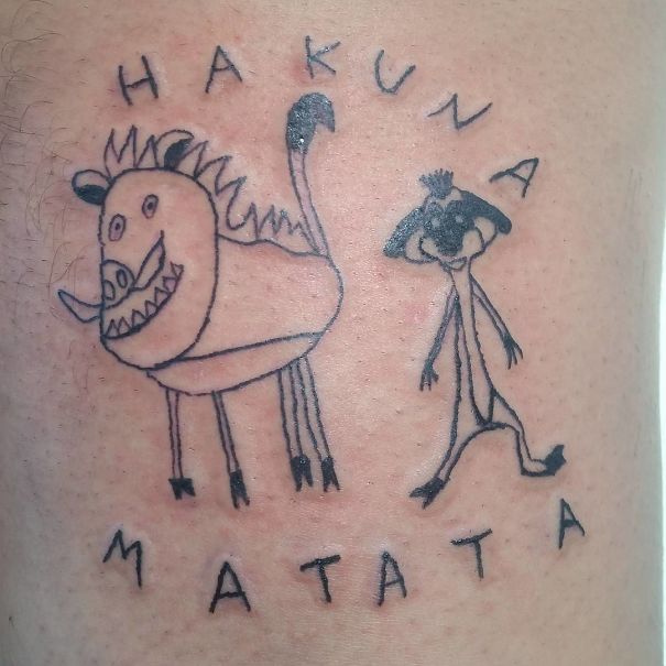 Quirky Brazilian tattoo design featuring characters and text 'Hakuna Matata' in a whimsical style.