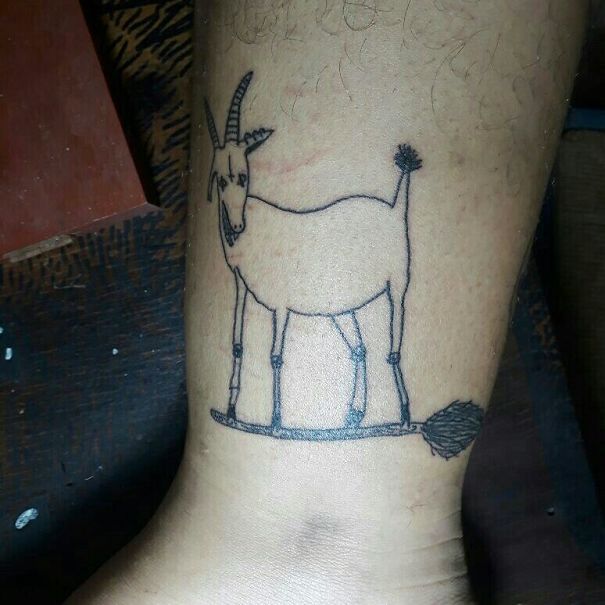 Amateur tattoo of a simplistic goat drawn by a Brazilian tattoo artist on a person's leg.