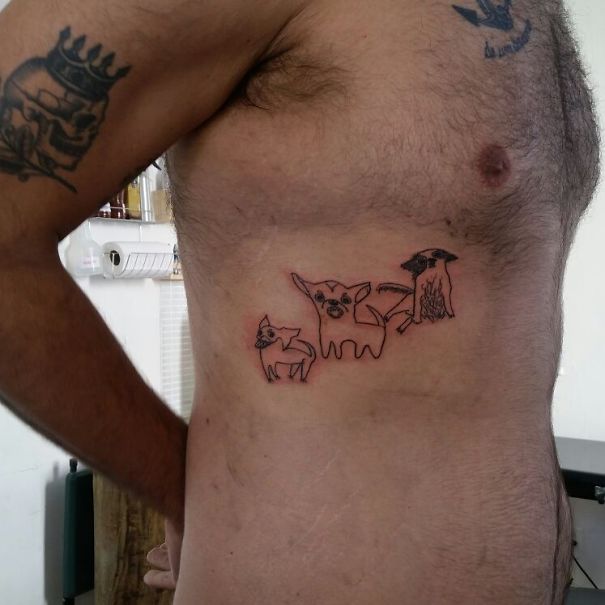 Brazilian tattoo artist's quirky animal design inked on a person's side.