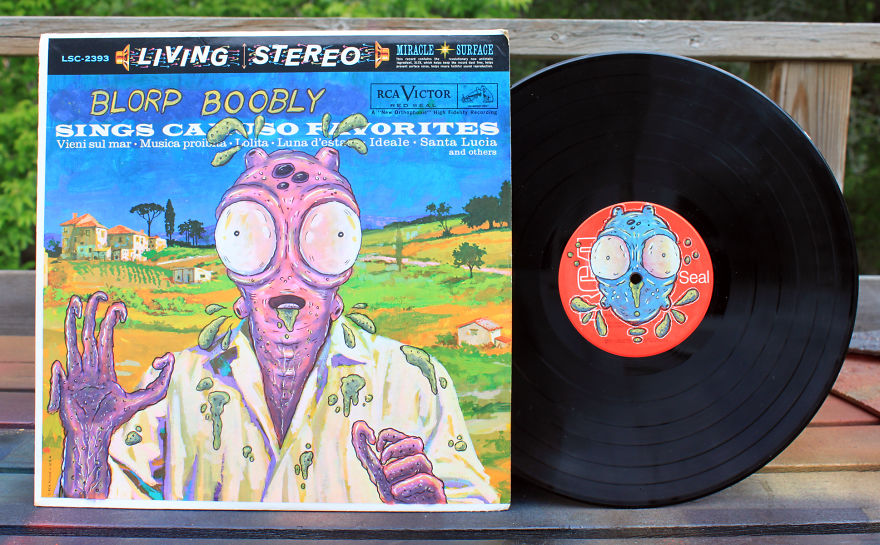 I Take Old Vinyl Records And Paint Gross Creatures On Them