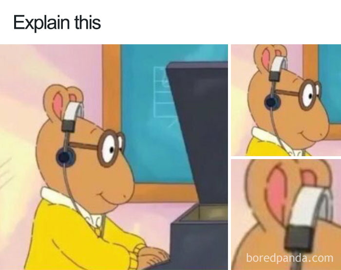 Cartoon character wears headphones over ears not designed for it, showcasing ridiculous cartoon logic.