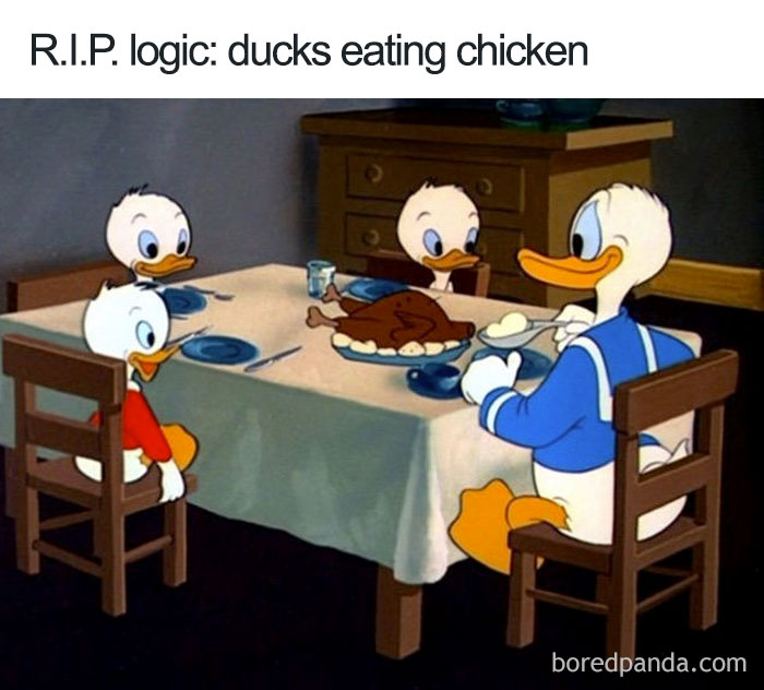 Cartoon logic: ducks serving a roast chicken at the dining table.