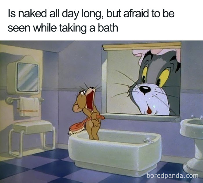 Cartoon logic: a mouse is surprised in the bath, though usually seen without clothes.