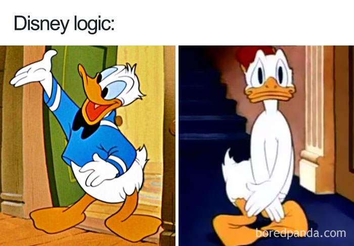 Cartoon logic: Donald Duck wearing a shirt on the left, without a shirt and covering himself on the right.
