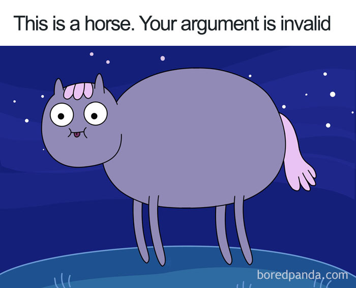 Cartoon logic: A humorous oval-shaped horse with a caption, "This is a horse. Your argument is invalid," under a starry sky.