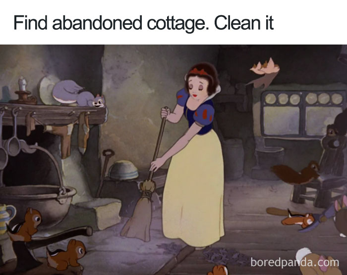 Cartoon logic: character cleans an abandoned cottage with animals helping.