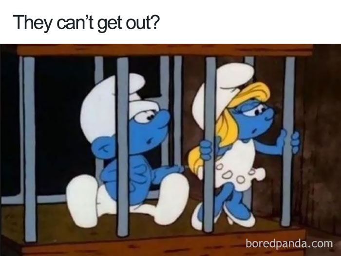 Cartoon characters unable to escape through wide bars, showcasing ridiculous cartoon logic.