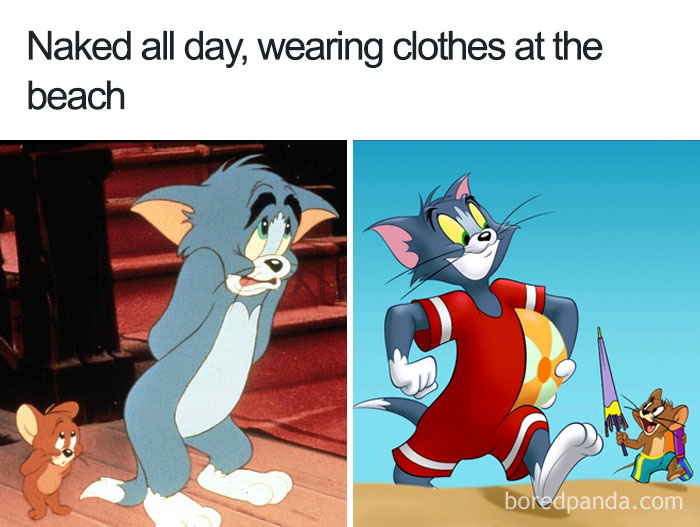 Cartoon characters displaying ridiculous logic by wearing clothes only at the beach.