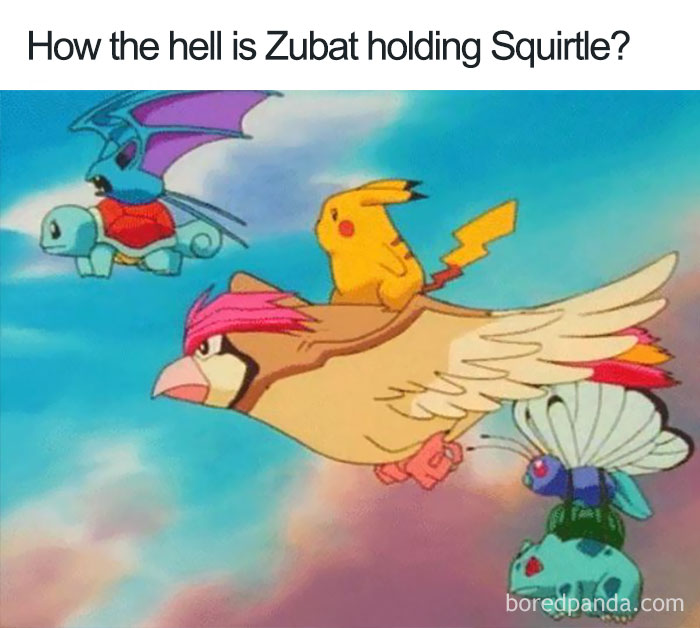 Cartoon logic humor: Pokémon fly despite impossibilities, showcasing ridiculous logic with Pikachu, Zubat, Squirtle, and more.
