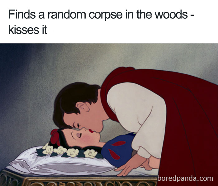 Cartoon logic: A character in a red cape kisses a sleeping individual on a bed of flowers in the woods.