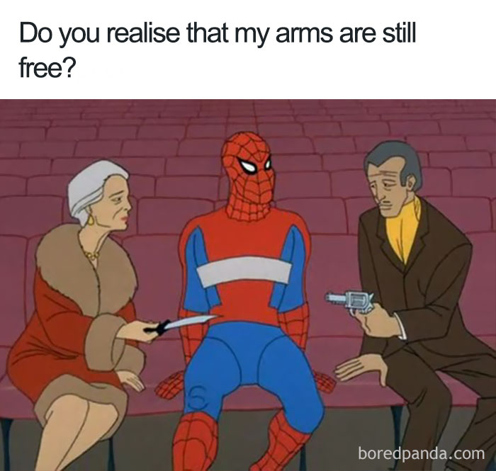 Cartoon logic: Spider-Man tied in a theater seat with free arms, surrounded by two characters with weapons.