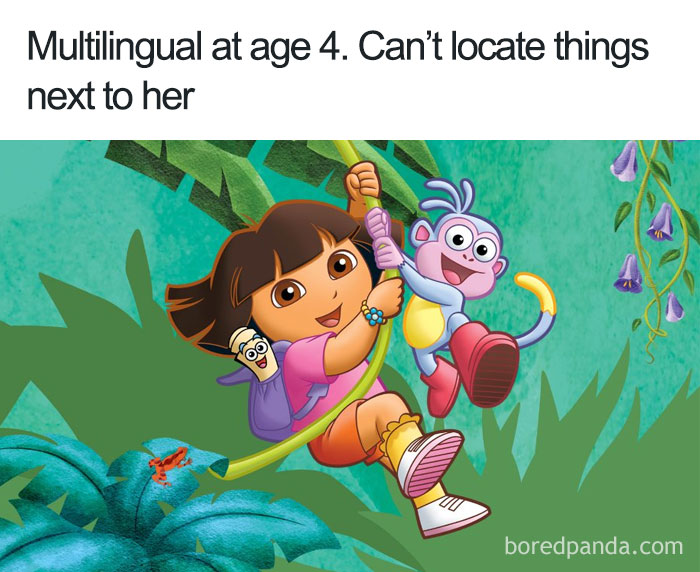 Cartoon logic: A girl swinging with a monkey, can't locate nearby items despite being multilingual.