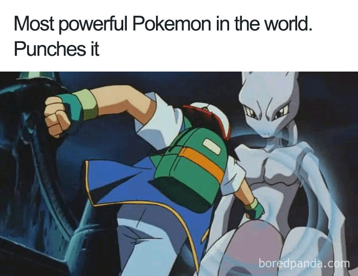 Cartoon logic: Trainer punches the most powerful Pokemon, depicting a classic facepalm moment.