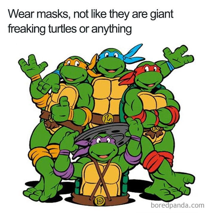 Cartoon logic: Four masked turtle characters with humorous text about wearing masks.