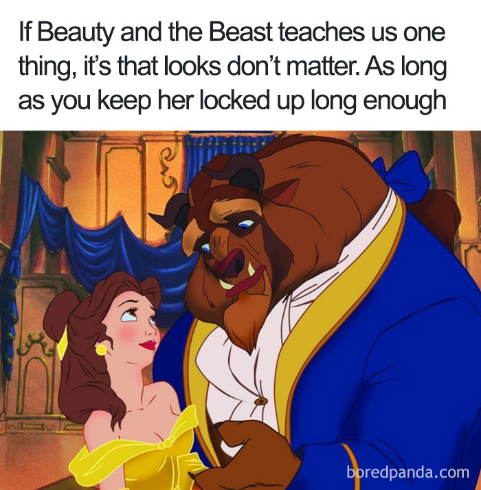Cartoon logic example with Beauty and the Beast, humorously critiquing its underlying message.