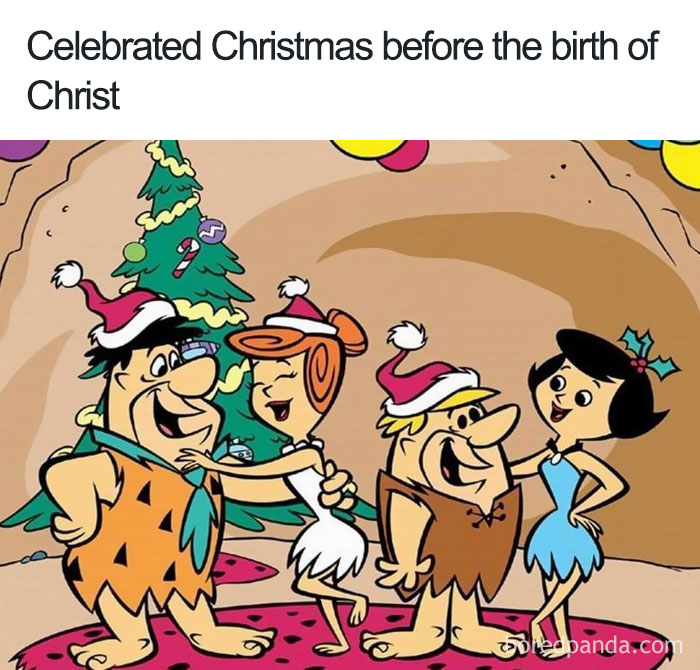 Cartoon characters celebrating Christmas with tree, highlighting ridiculous cartoon logic.