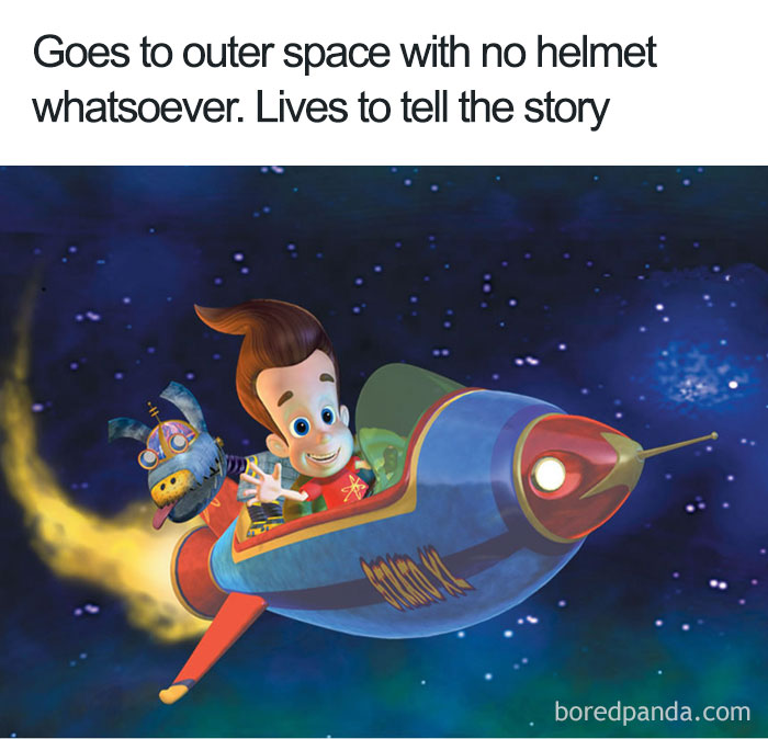 Cartoon logic: character in space without helmet, smiling on a spaceship with a robotic dog.