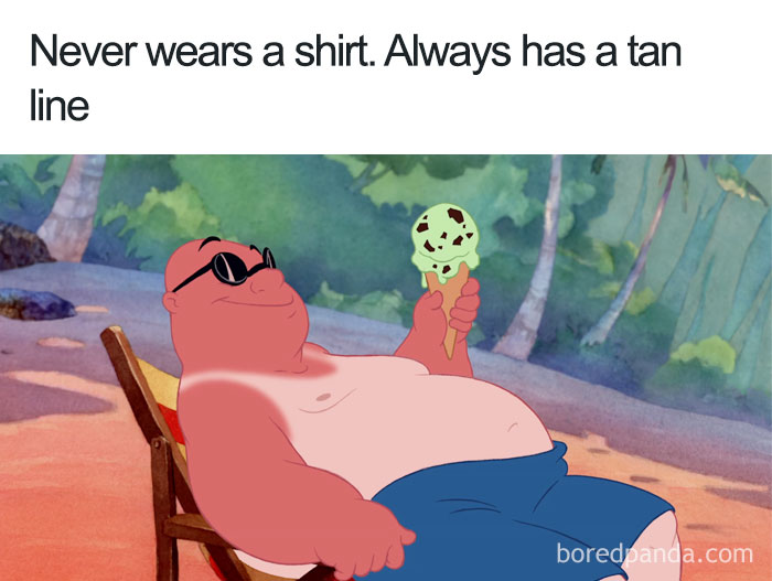 Cartoon character with no shirt and tan line, holding ice cream on the beach.