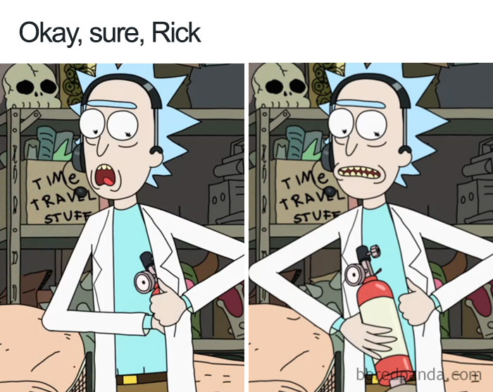 Cartoon character holding a bottle, showcasing ridiculous logic in a cluttered lab.