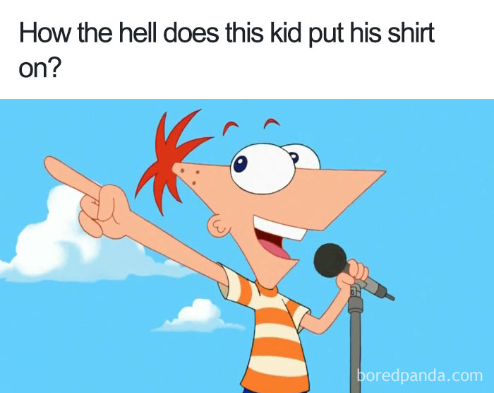 Cartoon character with exaggerated features in striped shirt pointing, illustrating cartoon logic humor.