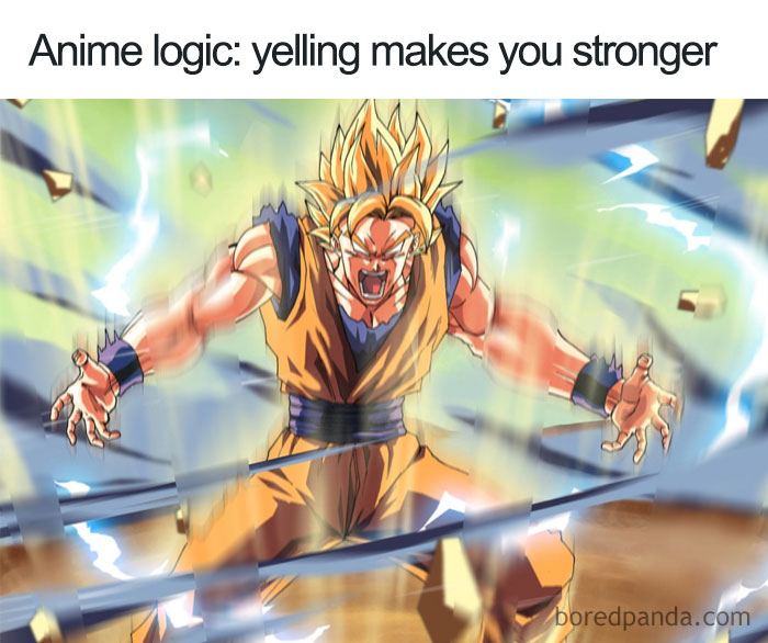 Anime character using cartoon logic, yelling to gain strength, surrounded by energy beams.