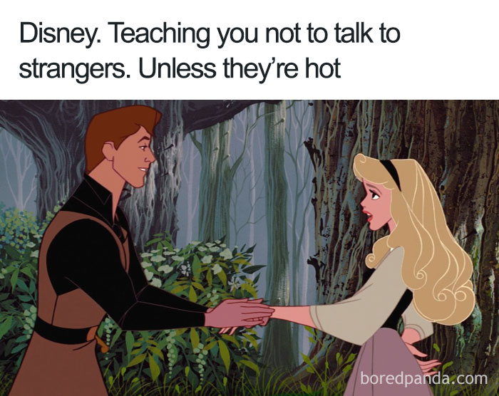 Cartoon logic example: Prince meets princess in a forest, illustrating the humor of talking to strangers if they're attractive.