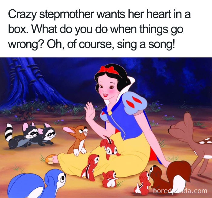 Cartoon logic example: A princess singing to animals despite dire threats, showcasing silly priorities.