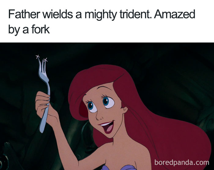 Cartoon character amazed by a fork, highlighting cartoon logic humor.