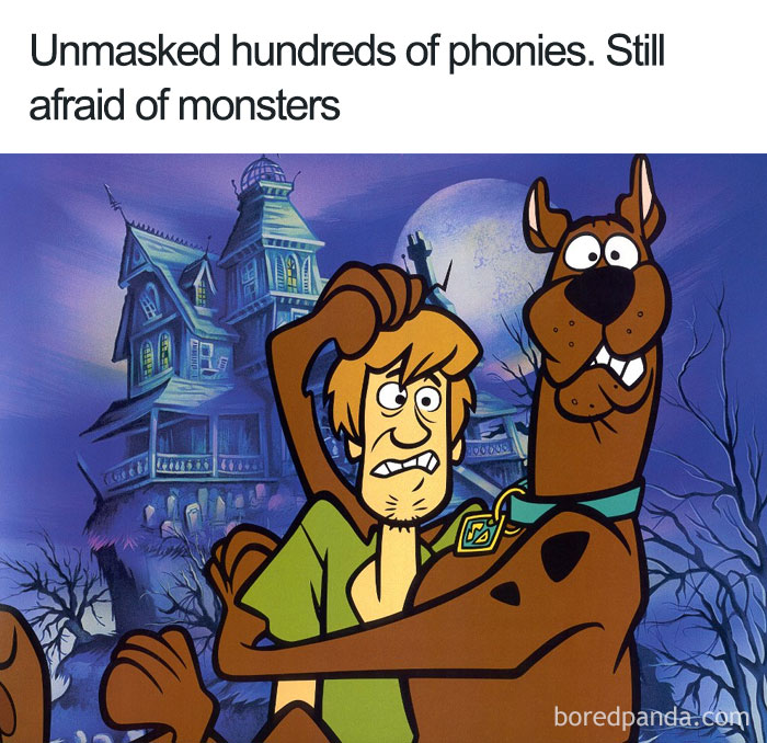 Cartoon characters looking scared in front of a haunted house illustrating cartoon logic humor.