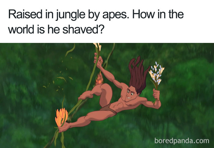 Cartoon character swings in jungle, highlighting cartoon logic with perfectly groomed appearance.
