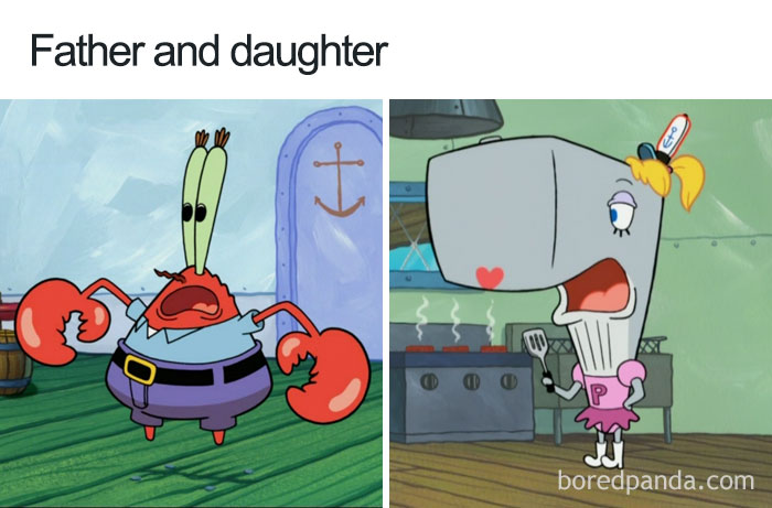 Cartoon logic example: a crab father and whale daughter in a humorous setting.