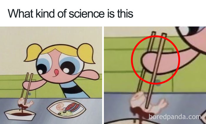Cartoon logic example showing a character using chopsticks in an impossible way with a puzzled expression.