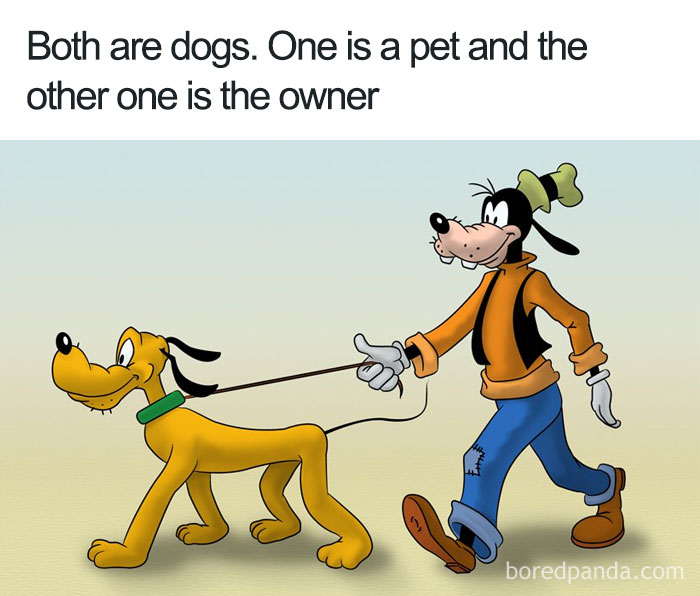 Cartoon logic: a dog character walks another dog on a leash, both smiling humorously.