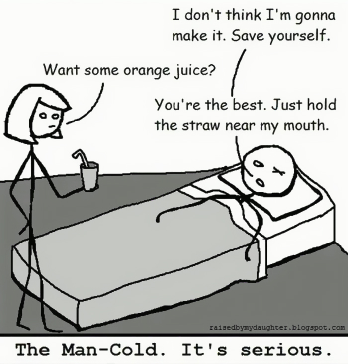 Cartoon of a husband in bed with a cold, humorously requesting orange juice from his wife.