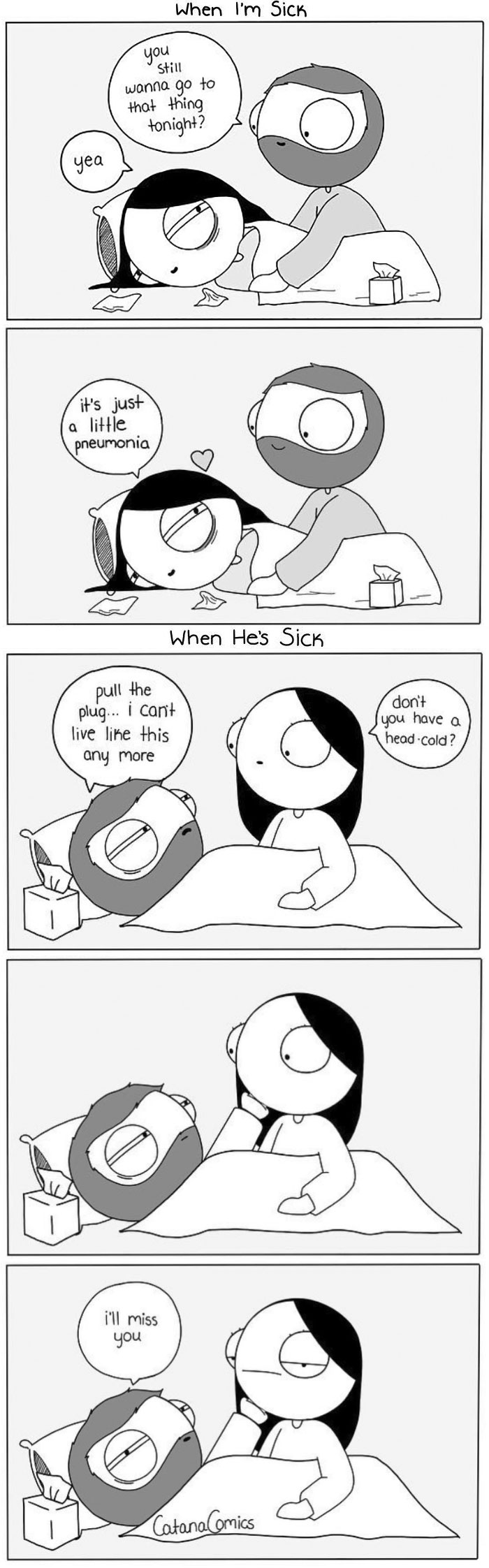 Comic depicting husbands overreacting to a cold; wife is calm while husband is overly dramatic.
