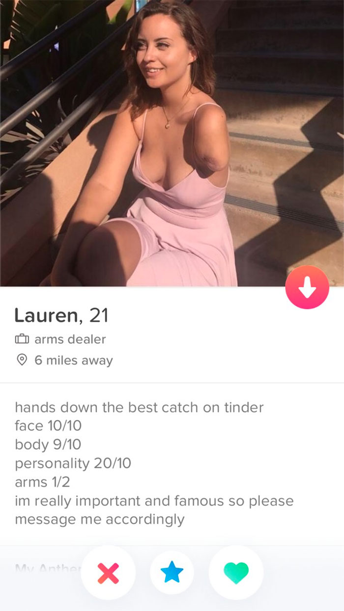 Funny Tinder profile of a woman in a pink dress, confidently describing herself with humor.