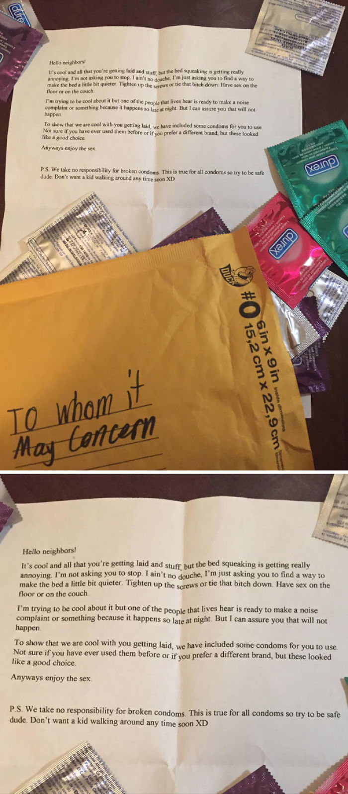 Note from neighbor with condoms included; humorous commentary about noise levels.