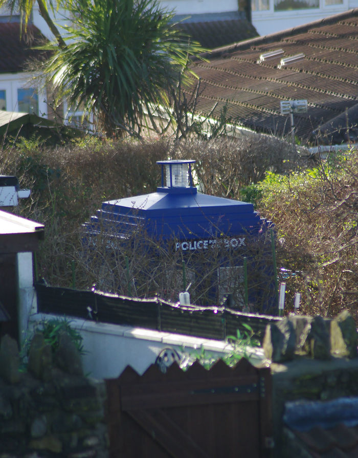 Blue police box hidden in a residential garden adds intrigue to the neighborhood landscape.