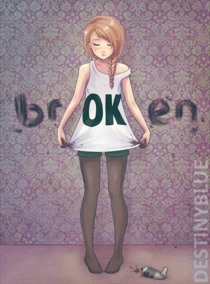 A girl with "OK" shirt, revealing "broken," symbolizes deep meaning in depression illustration.