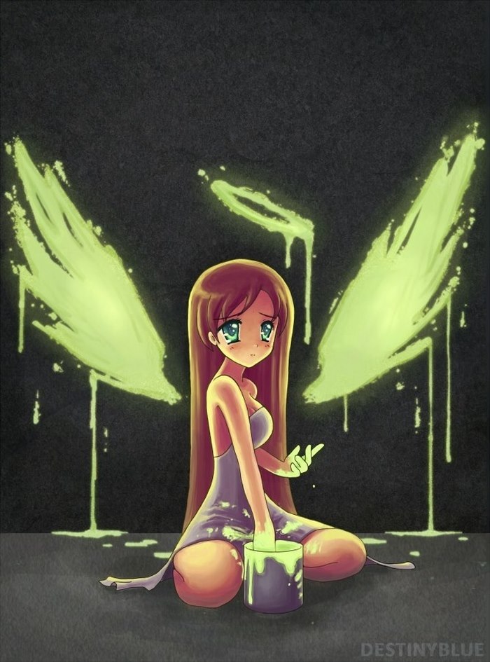 A girl with long hair sits surrounded by glowing green wing-like paint, illustrating deep emotions.