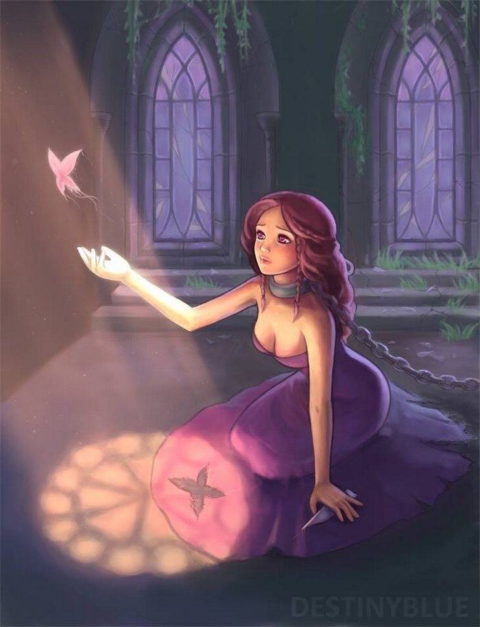 A woman in a purple dress reaching for a glowing bird, symbolizing deep meanings and struggle with depression.