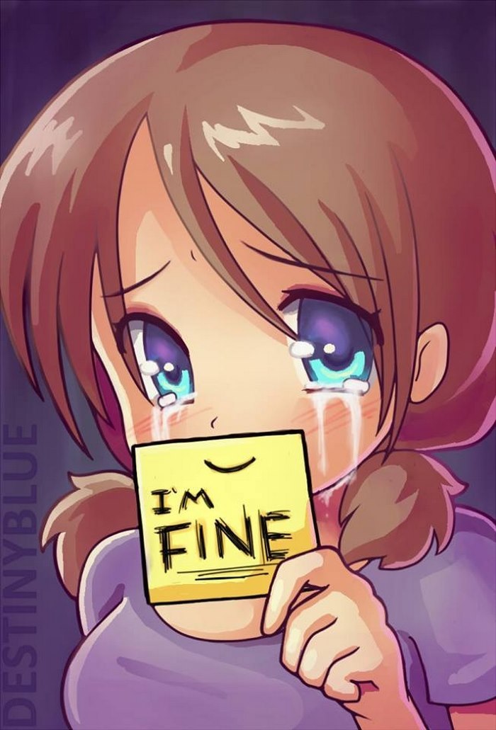 Illustration of a crying character holding a note saying "I'm fine," depicting deep meaning and struggle with depression.