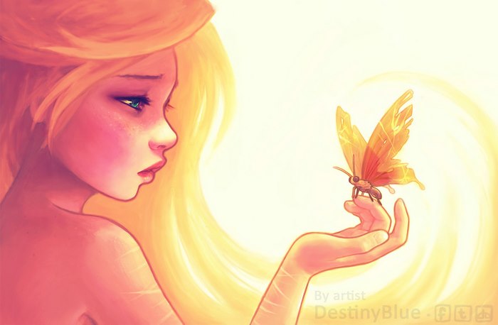 Illustration of a pensive girl holding a glowing butterfly, representing deep meaning and struggle with depression.
