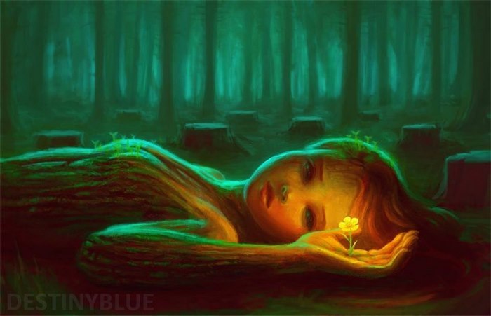 Illustration of a woman lying in a forest, her skin blending with the environment, depicting deep meaning and depression.